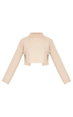 Outlet PrettyLittleThing Two Tone Thick Rib Knit Open Back High Neck Sweater Taupe