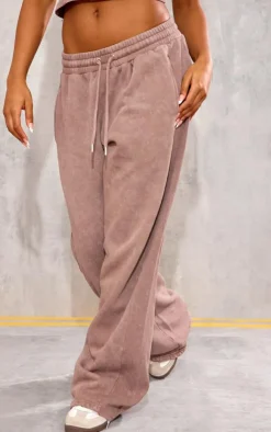 New PrettyLittleThing Taupe Washed Rib Panel Wide Leg Sweatpants Taupe.