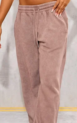 New PrettyLittleThing Taupe Washed Rib Panel Wide Leg Sweatpants Taupe.