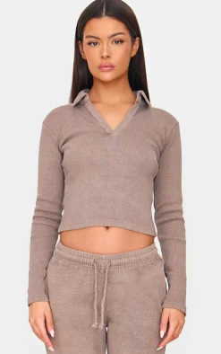 Best PrettyLittleThing Washed Ribbed V Neck Fitted Long Sleeve Top Taupe