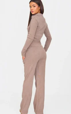 Best PrettyLittleThing Washed Ribbed V Neck Fitted Long Sleeve Top Taupe