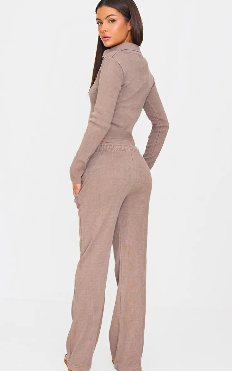 Best PrettyLittleThing Washed Ribbed V Neck Fitted Long Sleeve Top Taupe