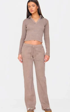 Best PrettyLittleThing Washed Ribbed V Neck Fitted Long Sleeve Top Taupe