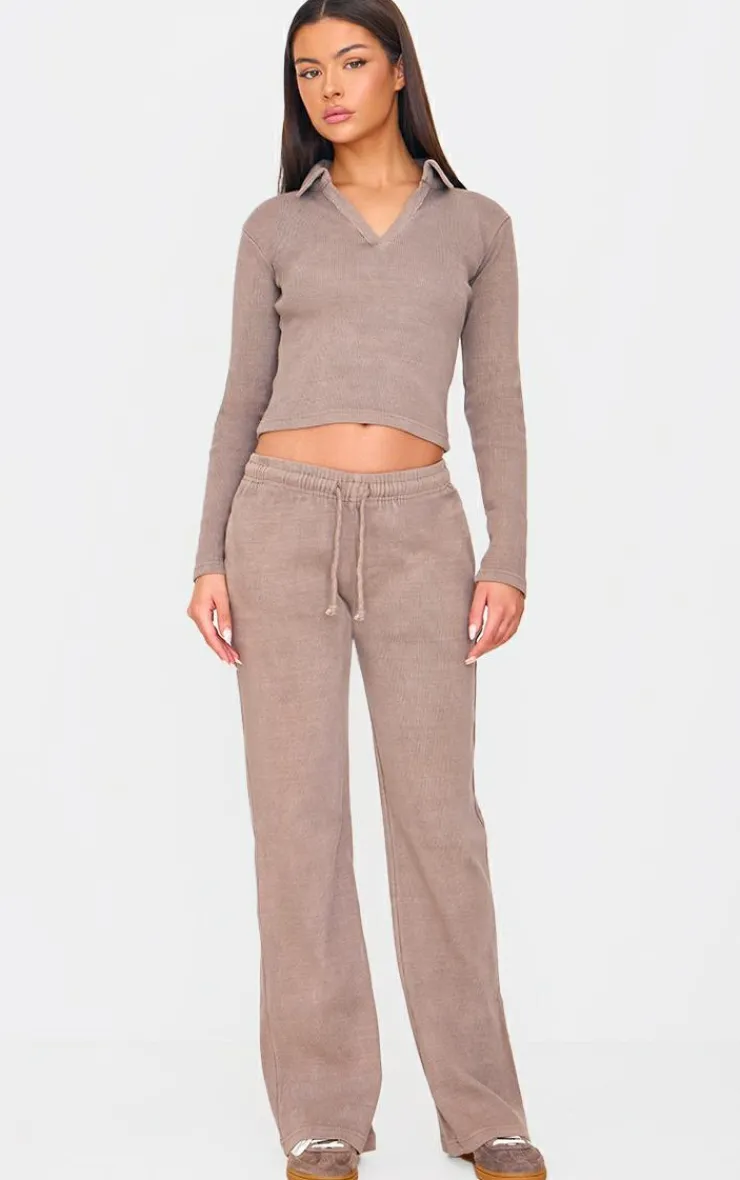 Best PrettyLittleThing Washed Ribbed V Neck Fitted Long Sleeve Top Taupe