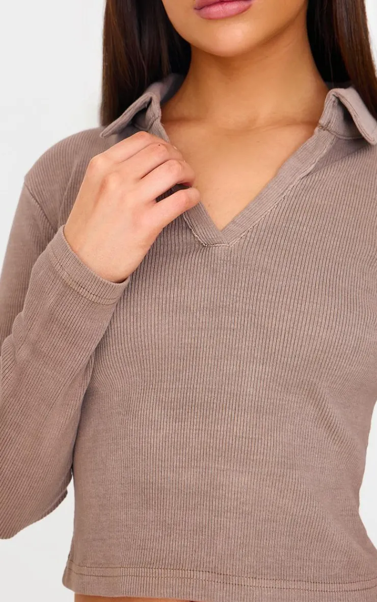 Best PrettyLittleThing Washed Ribbed V Neck Fitted Long Sleeve Top Taupe
