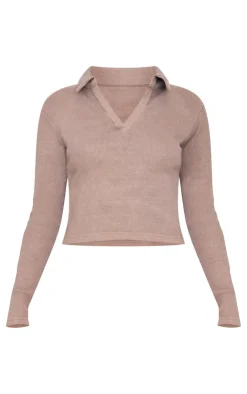 Best PrettyLittleThing Washed Ribbed V Neck Fitted Long Sleeve Top Taupe