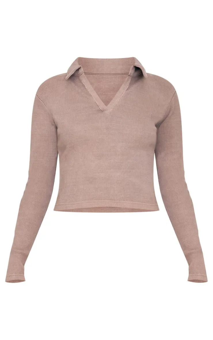 Best PrettyLittleThing Washed Ribbed V Neck Fitted Long Sleeve Top Taupe