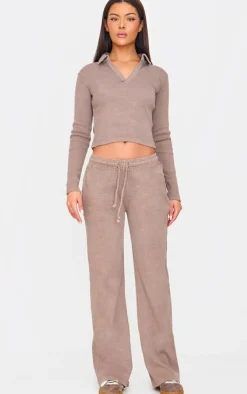 Discount PrettyLittleThing Washed Ribbed Wide Leg Pants Taupe