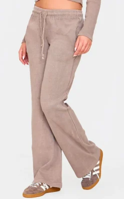 Discount PrettyLittleThing Washed Ribbed Wide Leg Pants Taupe