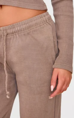 Discount PrettyLittleThing Washed Ribbed Wide Leg Pants Taupe
