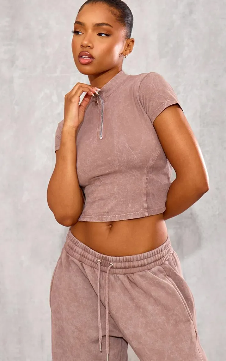 PrettyLittleThing Taupe Washed Zip Up Rib Panel Top Taupe.