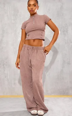 PrettyLittleThing Taupe Washed Zip Up Rib Panel Top Taupe.