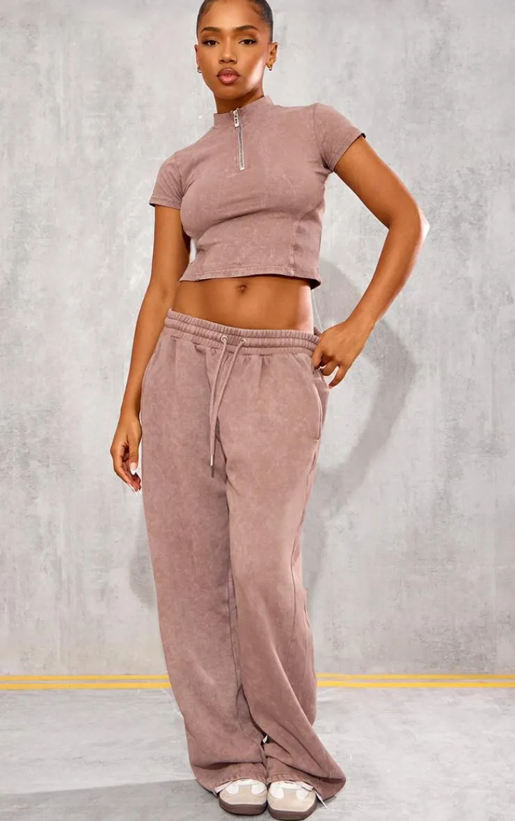 PrettyLittleThing Taupe Washed Zip Up Rib Panel Top Taupe.