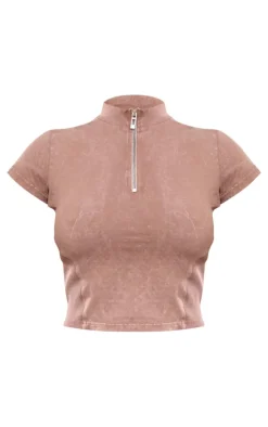 PrettyLittleThing Taupe Washed Zip Up Rib Panel Top Taupe.