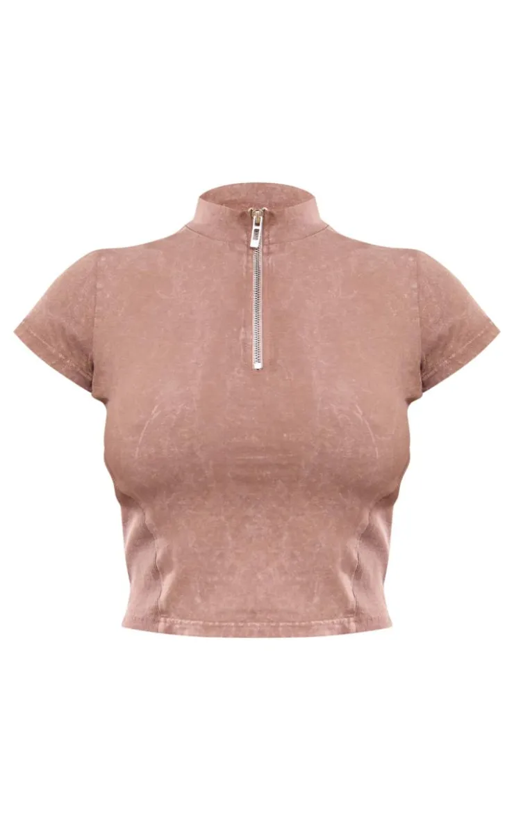 PrettyLittleThing Taupe Washed Zip Up Rib Panel Top Taupe.