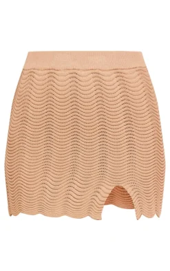New PrettyLittleThing Wave Knit Mini Skirt Taupe