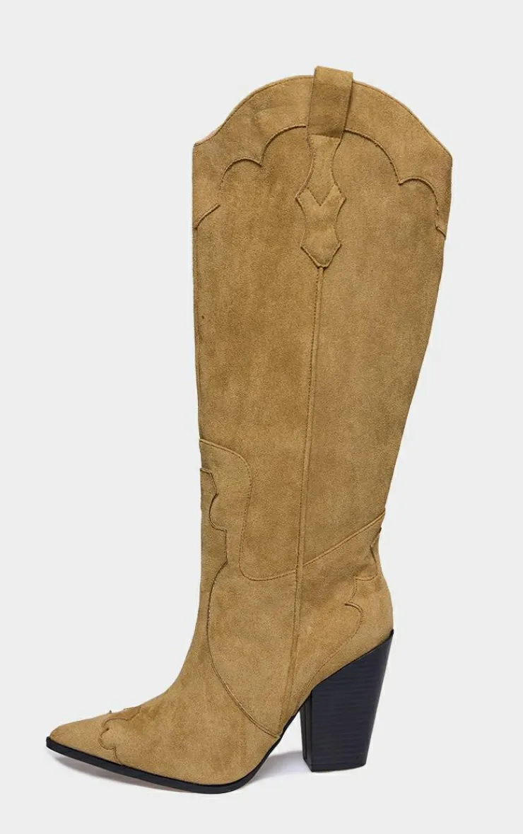 PrettyLittleThing Knee High Boots*Wide Fit Faux Suede Point Toe Knee High Heeled Western Boots