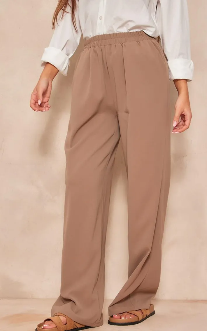 Taupe Woven Elasticated Waist Straight Leg Pants