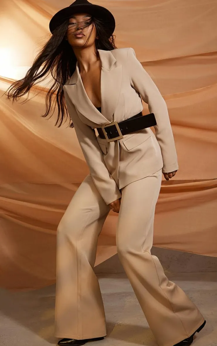 New PrettyLittleThing Woven High Waisted Tailored Wide Leg Pants Taupe