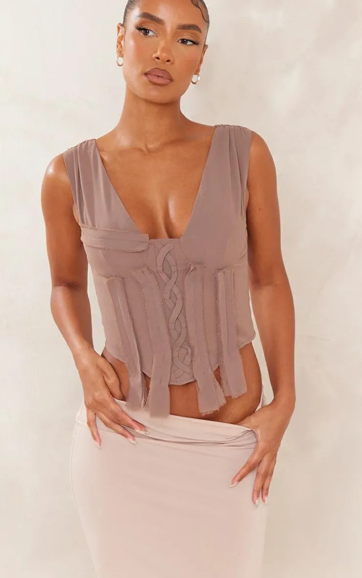 PrettyLittleThing Corsets*Woven Lace Up Fray Detail Corset