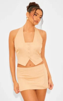Best PrettyLittleThing Woven Pinstripe Halterneck Button Through Vest Taupe