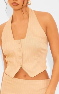 Best PrettyLittleThing Woven Pinstripe Halterneck Button Through Vest Taupe