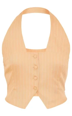 Best PrettyLittleThing Woven Pinstripe Halterneck Button Through Vest Taupe