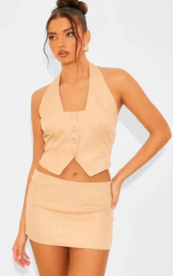 PrettyLittleThing Woven Pinstripe Low Rise Micro Mini Skirt Taupe