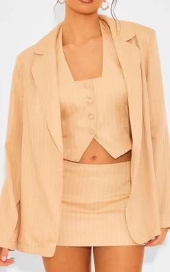 Best PrettyLittleThing Woven Pinstripe Oversized Dad Blazer Taupe