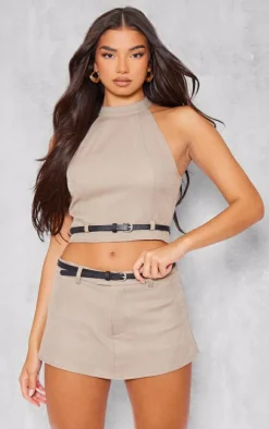 Best PrettyLittleThing Woven Tailored Belted Skort Taupe