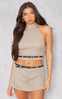 Outlet PrettyLittleThing Woven Tailored High Neck Belted Top Taupe