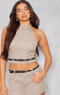 Outlet PrettyLittleThing Woven Tailored High Neck Belted Top Taupe