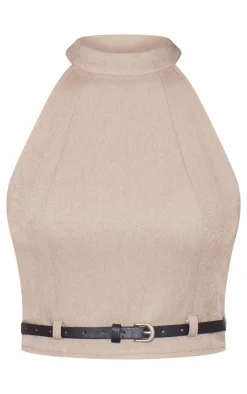 Outlet PrettyLittleThing Woven Tailored High Neck Belted Top Taupe