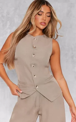 Discount PrettyLittleThing Woven Tailored Vest Taupe