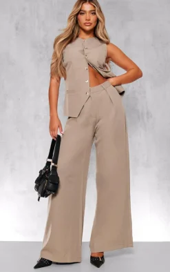 Discount PrettyLittleThing Woven Tailored Wide Leg Pleated Pants Taupe