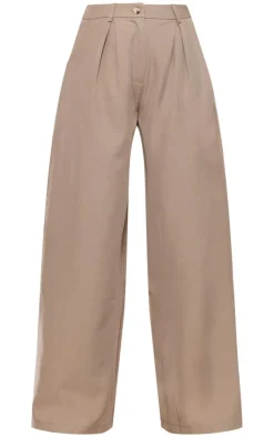 Discount PrettyLittleThing Woven Tailored Wide Leg Pleated Pants Taupe
