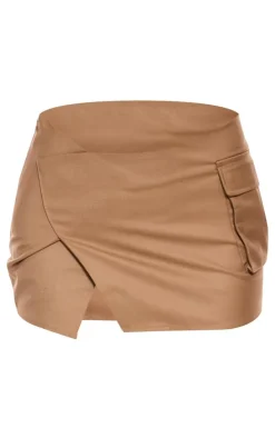 Taupe Woven Tailored Wrap Over Pocket Front Mini Skirt