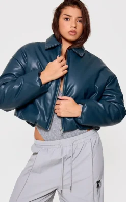PrettyLittleThing Puffer Jackets*Faux Leather Collar Detail Puffer Jacket