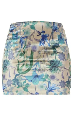 PrettyLittleThing Floral Print Satin Micro Mini Skirt Teal
