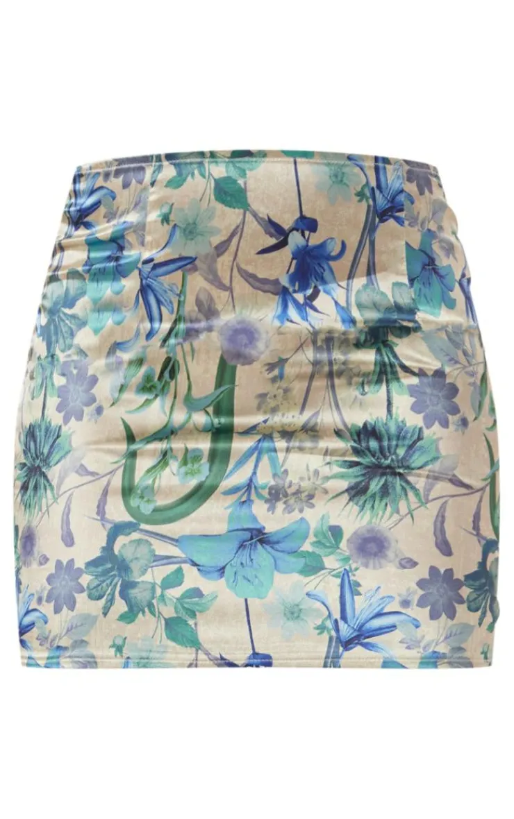 PrettyLittleThing Floral Print Satin Micro Mini Skirt Teal