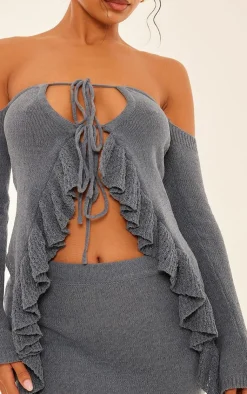 Discount PrettyLittleThing Frill Sleeve Tie Front Knit Top Teal
