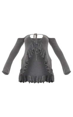 Discount PrettyLittleThing Frill Sleeve Tie Front Knit Top Teal