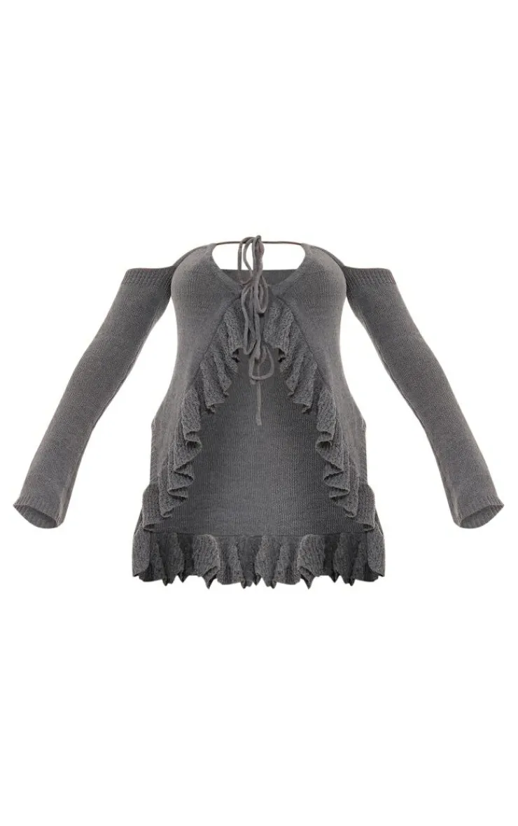 Discount PrettyLittleThing Frill Sleeve Tie Front Knit Top Teal