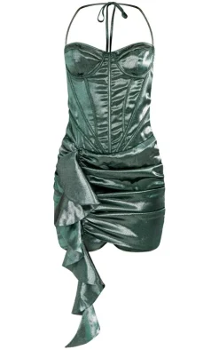 Metallic Satin Halterneck Ruffle Draped Mini Dress-PrettyLittleThing Online