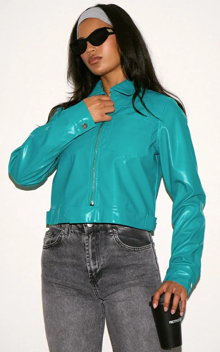 Teal PU Pocket Detail Casual Jacket