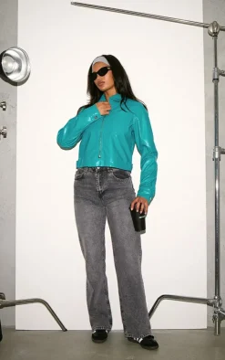 Teal PU Pocket Detail Casual Jacket