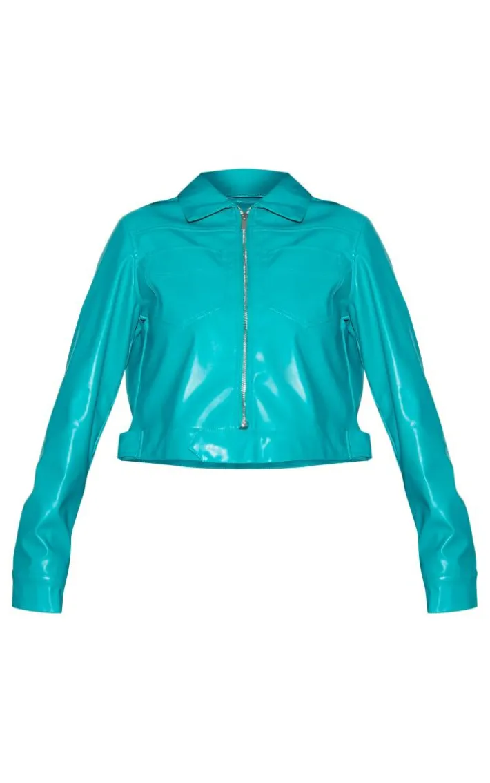 Teal PU Pocket Detail Casual Jacket