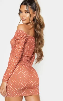 Polka Dot Print Ruched Front Long Sleeve Bodycon Dress-PrettyLittleThing Best