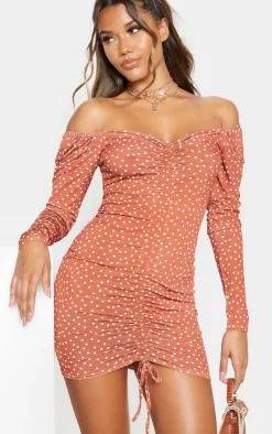 Polka Dot Print Ruched Front Long Sleeve Bodycon Dress-PrettyLittleThing Best