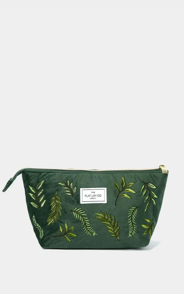 PrettyLittleThing Stocking Stuffers*The Flat Lay Co. Essential Pouch Makeup Bag in Embroidered Leaves Green Velvet